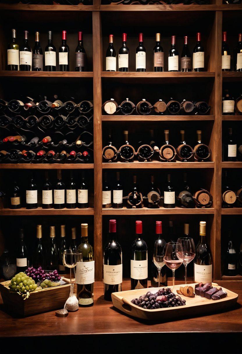 A beautifully arranged table showcasing an elegant selection of unique wine gifts, including artisanal wine bottles, handcrafted corkscrews, and luxurious wine glasses. The background features a cozy, dimly lit wine cellar with wooden shelves filled with various wines, highlighting an atmosphere of sophistication and warmth. Soft, ambient lighting accentuates the rich colors of the wine and the beauty of the gifts. super-realistic. warm tones. dimly lit.