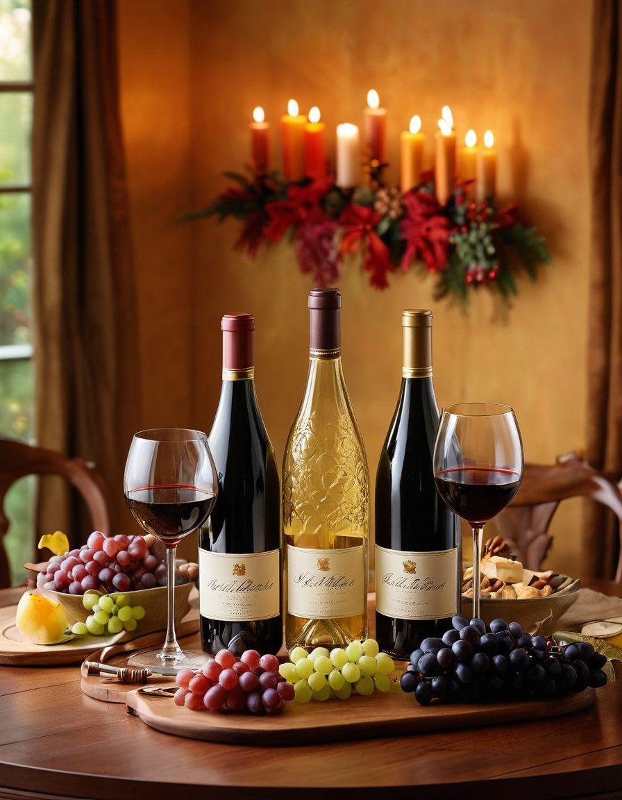 A beautifully arranged table with an array of unique wine gifts, including ornate wine bottles, elegant wine glasses, and artisanal corkscrews. Surround the scene with festive decorations like colorful ribbons and natural elements like grapes and leaves. Soft ambient lighting enhances the cozy atmosphere, symbolizing different occasions. Include a backdrop of a stylish home setting, evoking a sense of sophistication and warmth. super-realistic. vibrant colors. warm lighting.