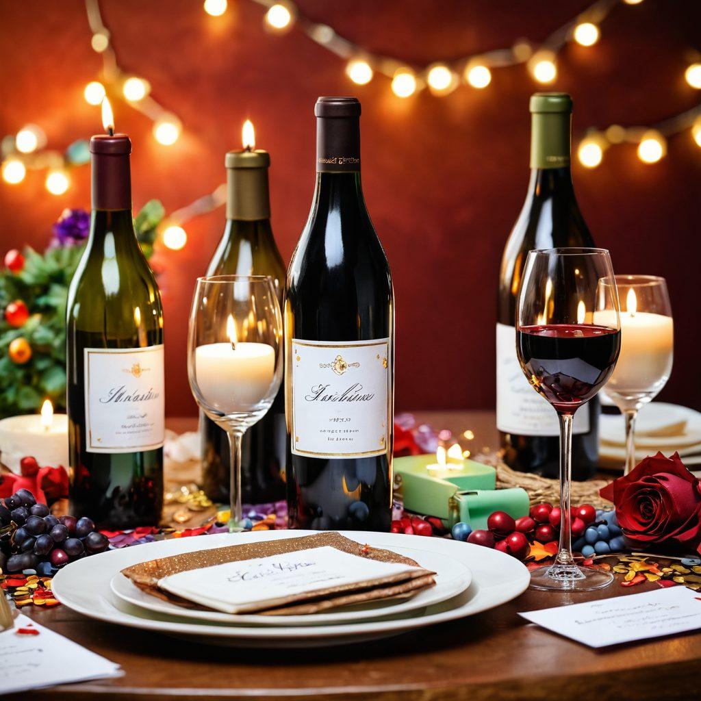 A beautifully arranged table setting featuring personalized wine bottles with custom labels, surrounded by elegant wine glasses, festive decorations like confetti and candles, and a backdrop of cheerful celebrations such as a birthday cake or wedding rings. The atmosphere should radiate warmth and joy, inviting viewers to celebrate special moments. super-realistic. vibrant colors. cozy ambiance.